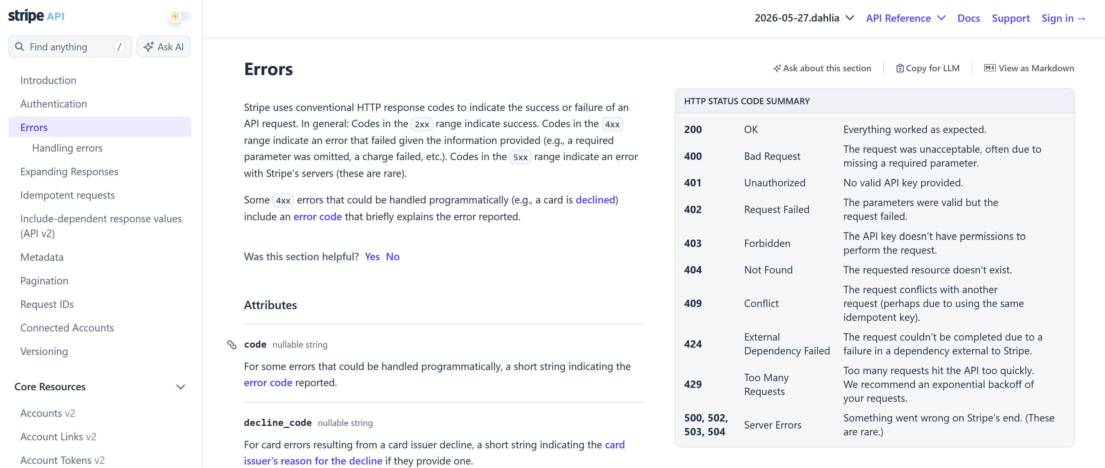 Error codes page in Stripe API docs.