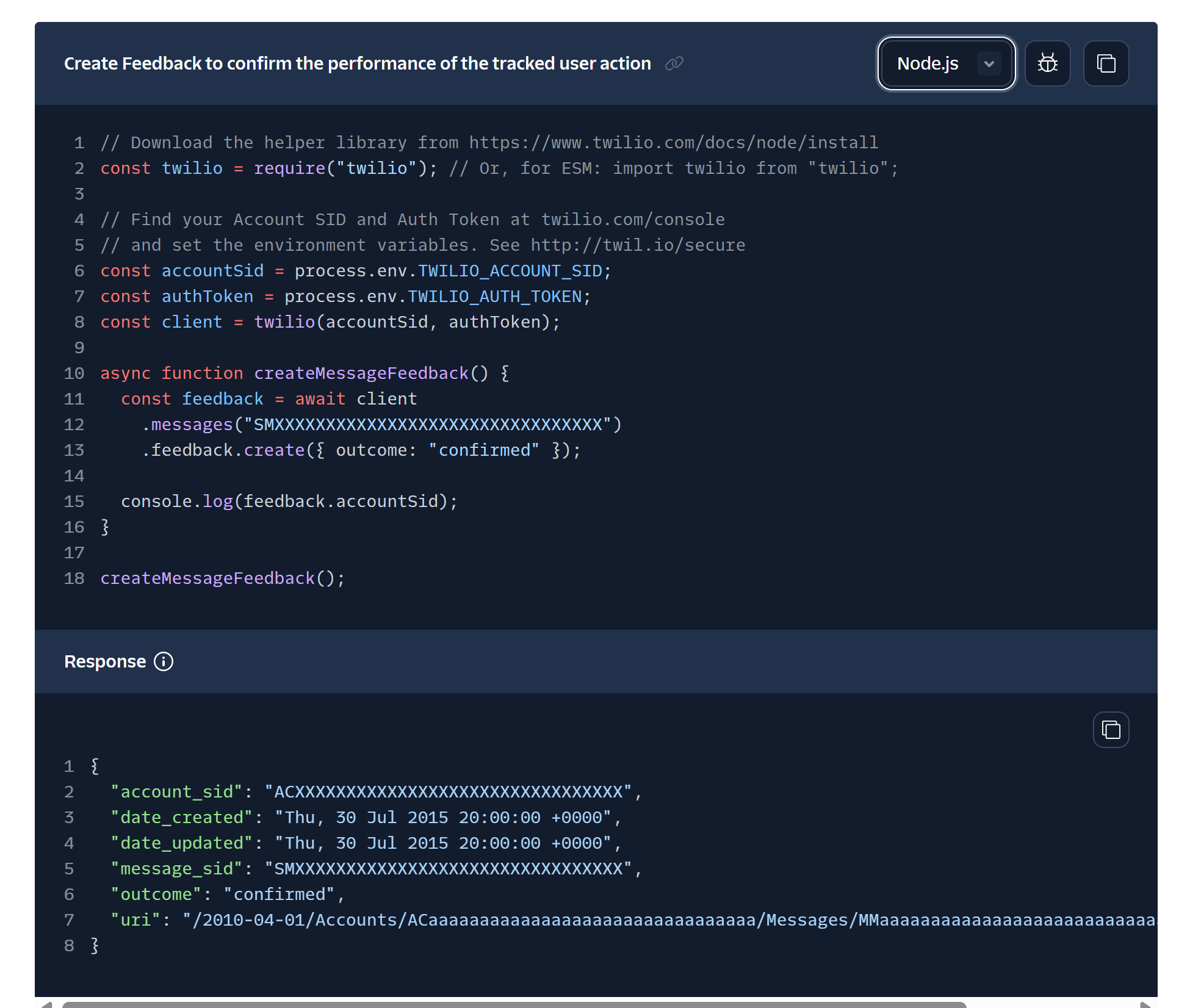 A multi-language code example in the Twilio API docs.